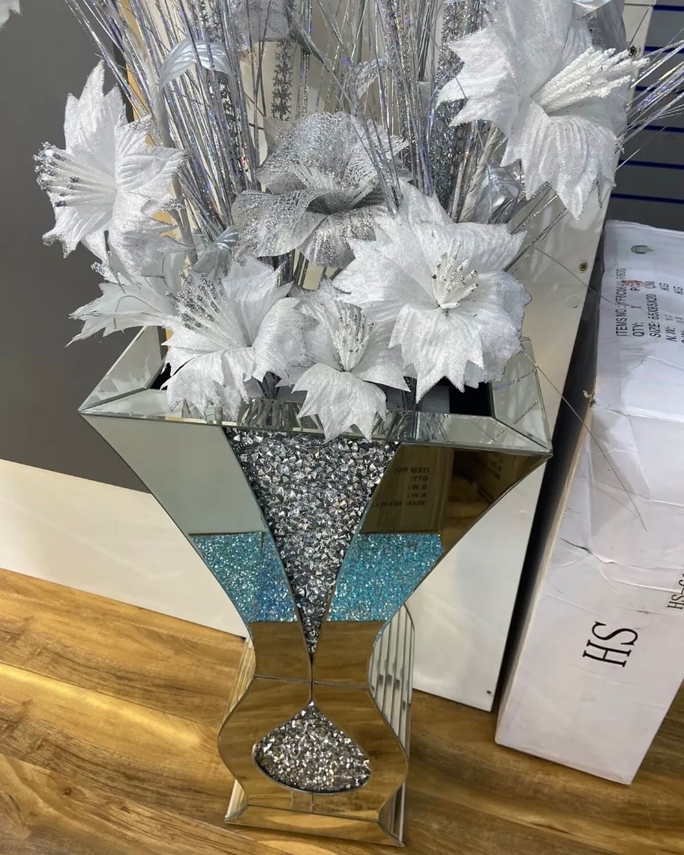 XXL DIAMOND CRUSHED MIRRORED FLOWER FLOOR VASE
