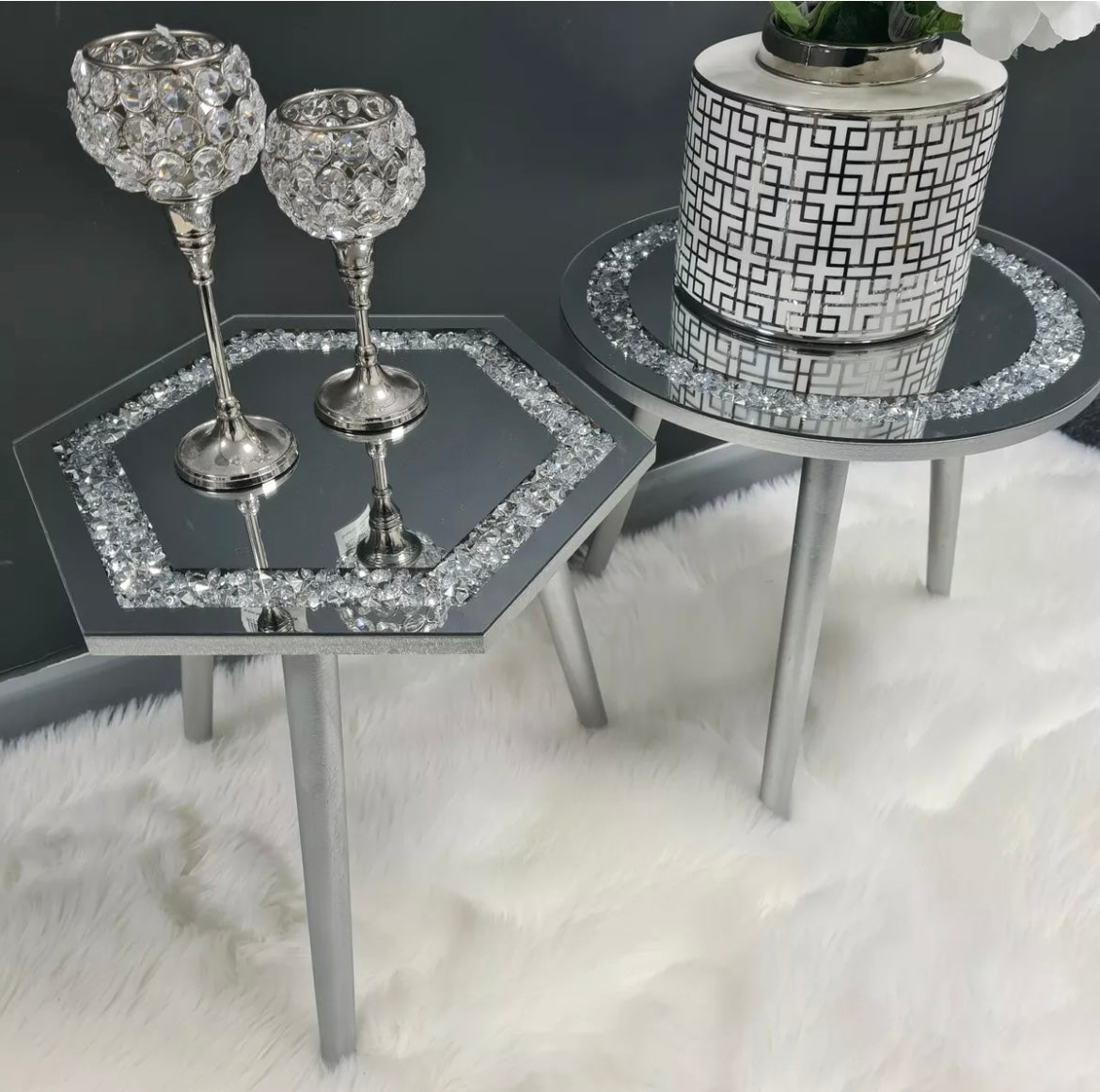 Crushed Diamond Mirrored Hexagon Side Table