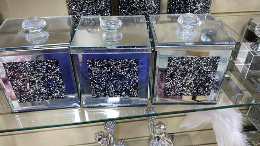 Crushed Diamond Square Black & Silver Canisters