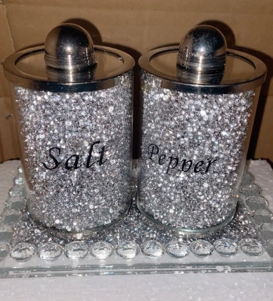 Diamond Crushed Salt & Pepper shakers with tray