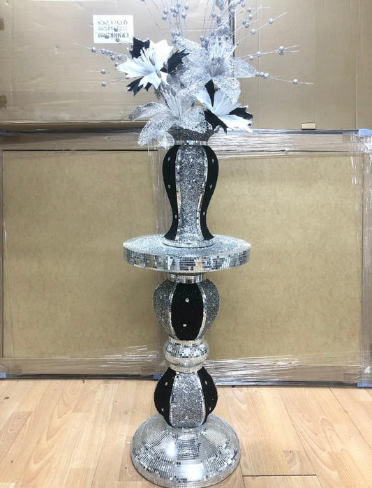 BLACK & SILVER TABLE & VASE WITH FLOWERS
