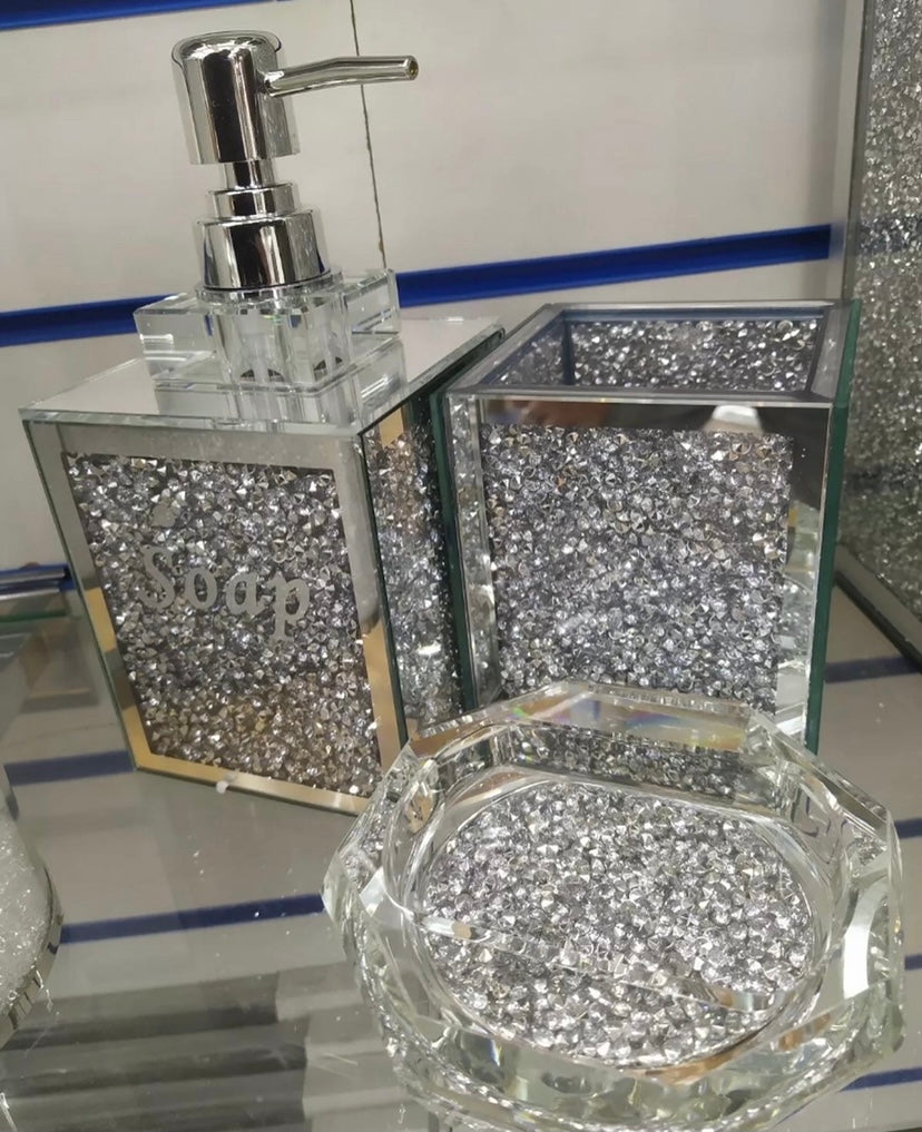 Stunning Diamond Crushed 3 piece Bathroom dispenser set
