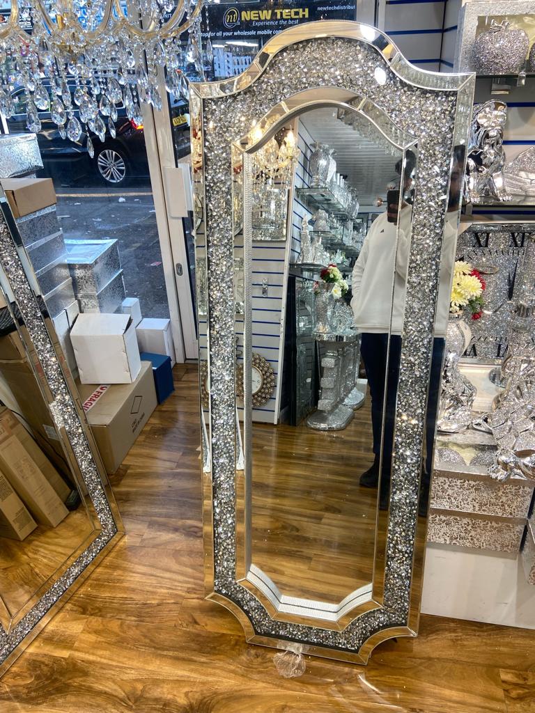 Diamond Crushed Crystal Filled Glass Frame Mirror - Full Length Luxury Home Decor/ WITH/ WITHOUT LED
