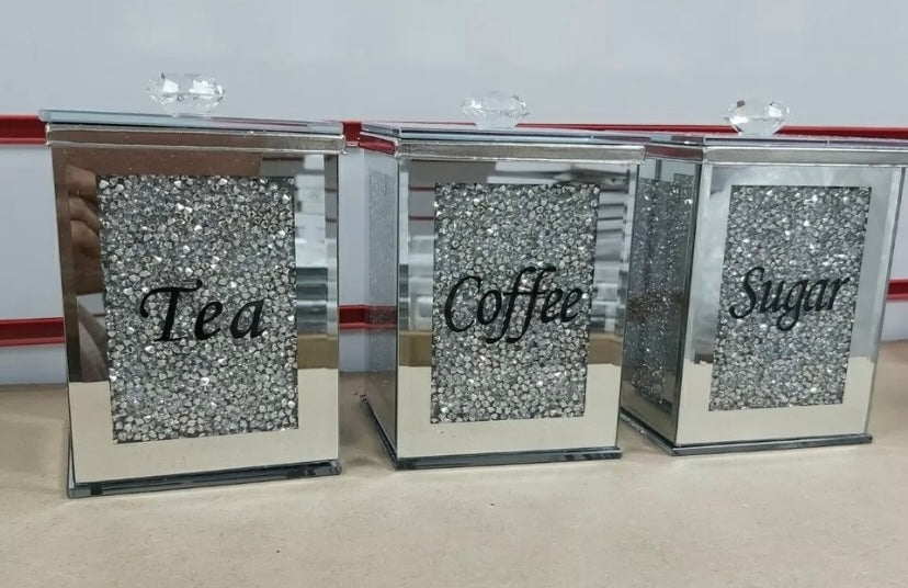 Stunning Diamond Crushed Tea Coffee Sugar Glass Set