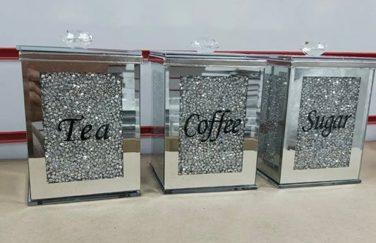 Stunning Diamond Crushed Tea Coffee Sugar Glass Set