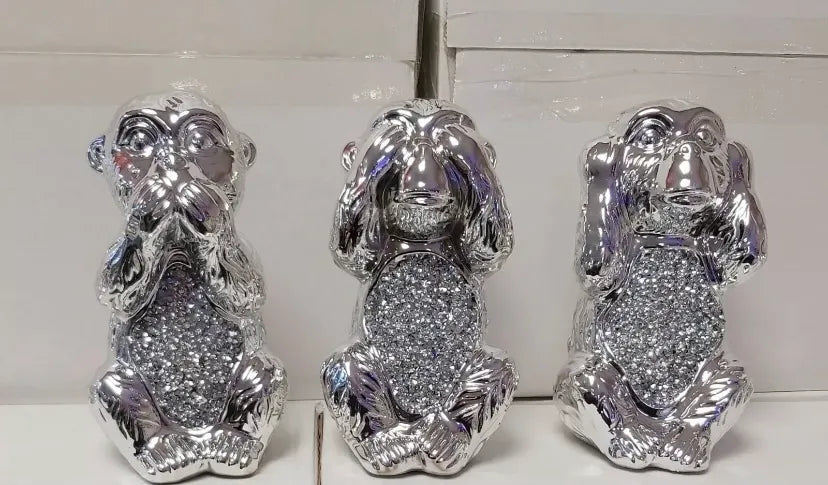 Stunning Diamond Crushed Wise Monkeys Decor