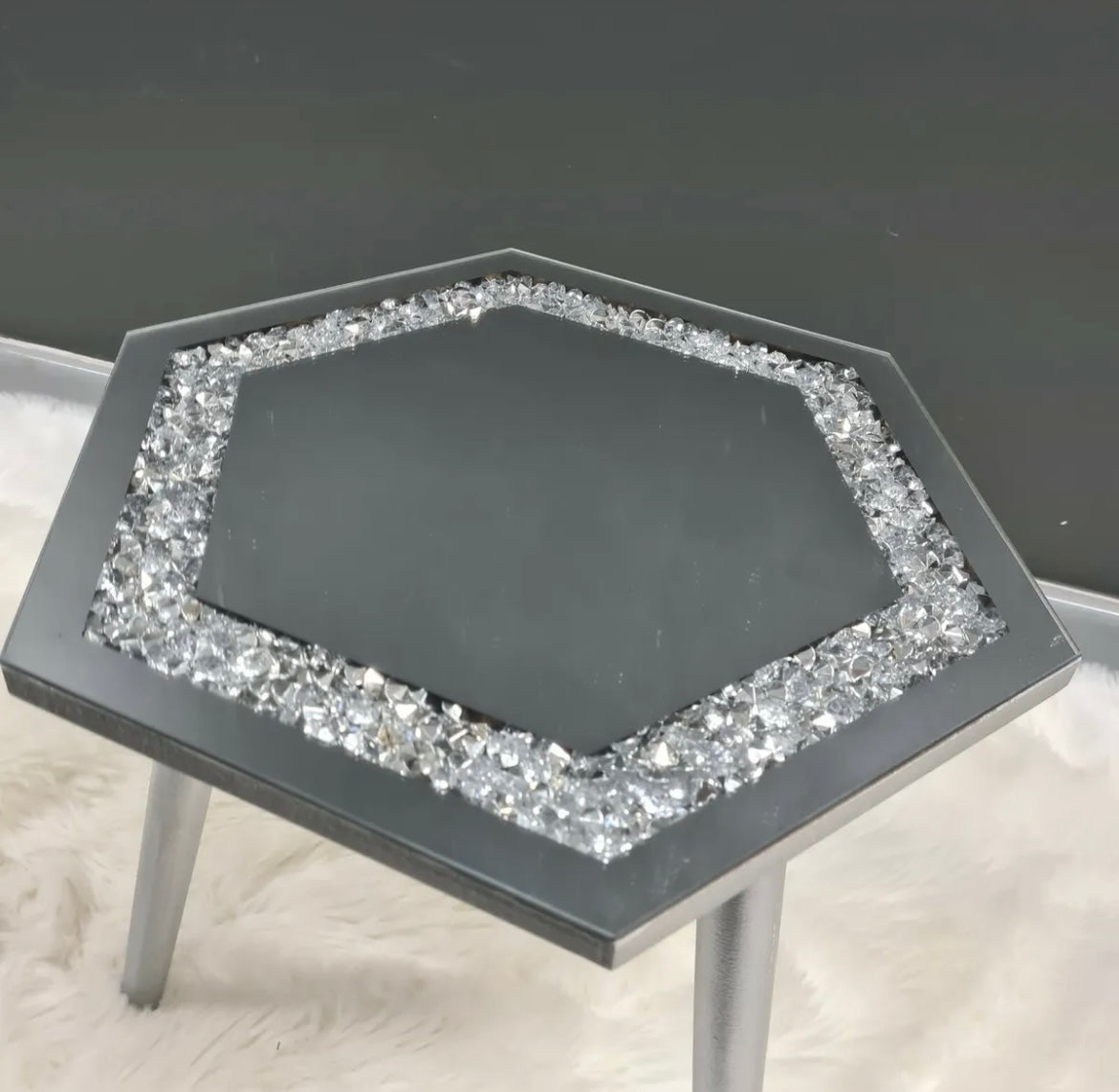 Crushed Diamond Mirrored Hexagon Side Table