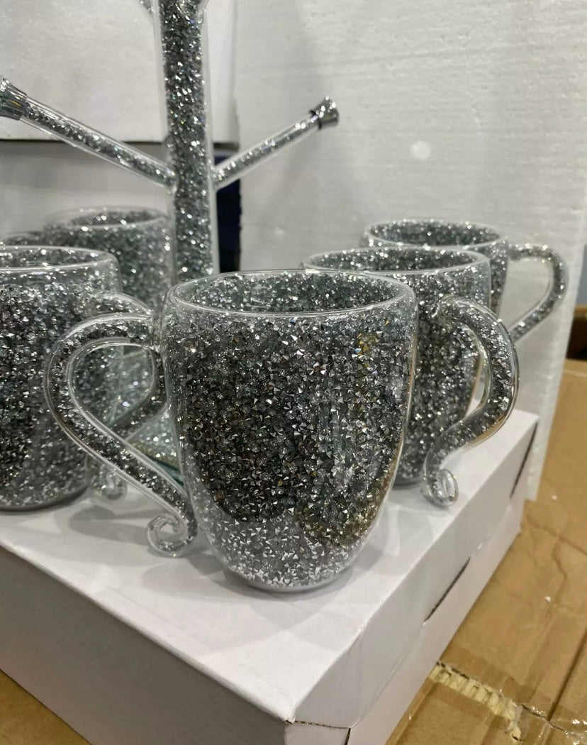 Crush Diamond Crystal Filled Mugs Set Of 6 Silver Kitchen Ware Tea Coffee  Cups