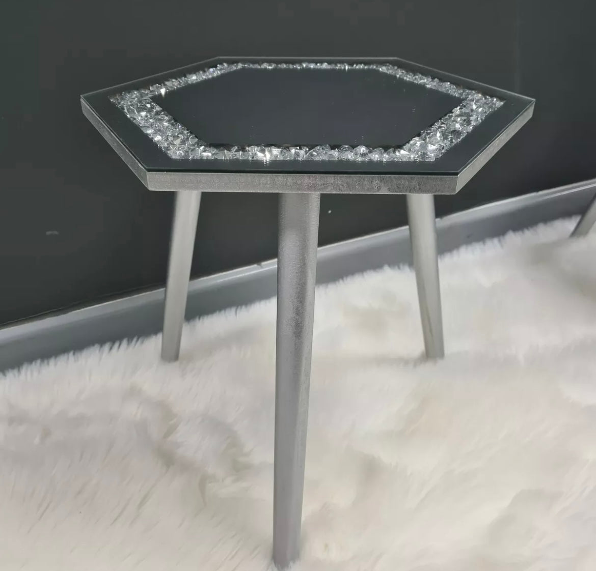 Crushed Diamond Mirrored Hexagon Side Table