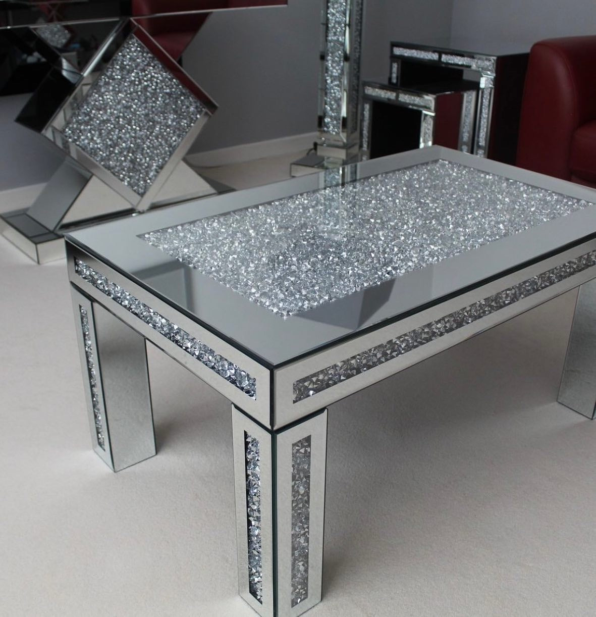 Diamond Crushed Mirrored Rectangular Coffee Center Table