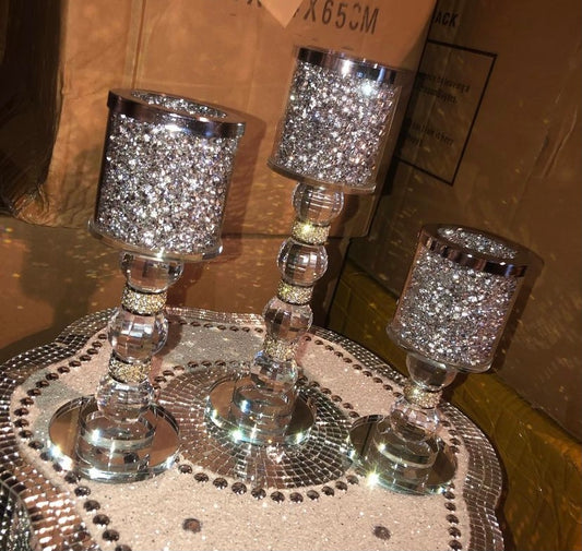 Diamond Crushed Filled Glass Candle Holder Set