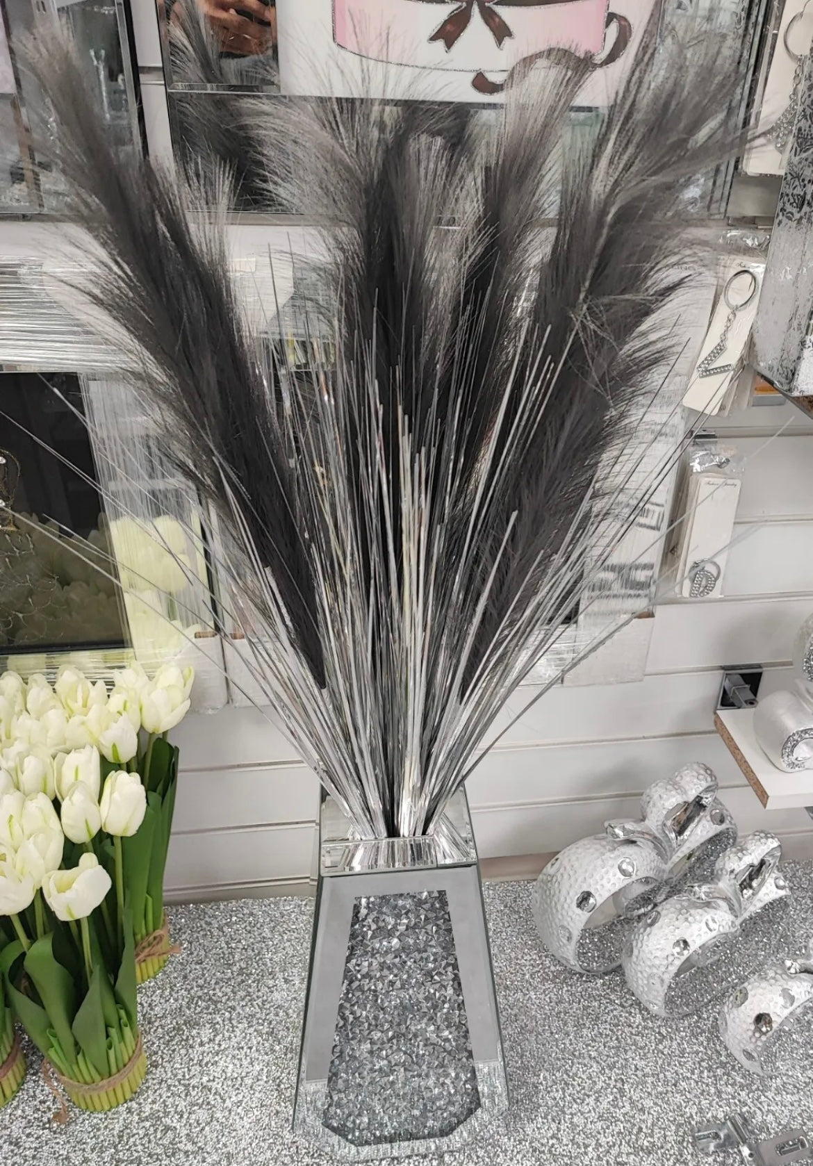 Flower Vase Crystal Mirror Edition FEATHERS & SILVER STEMS