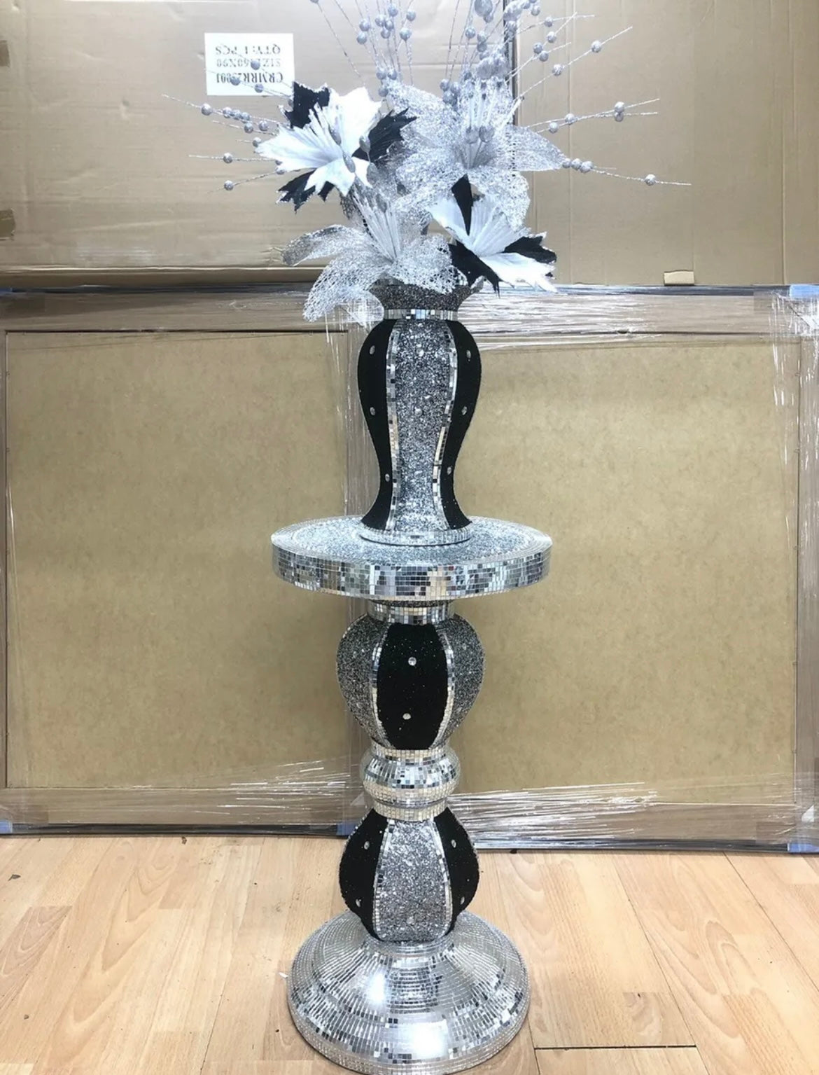 BLACK & SILVER TABLE & VASE WITH FLOWERS