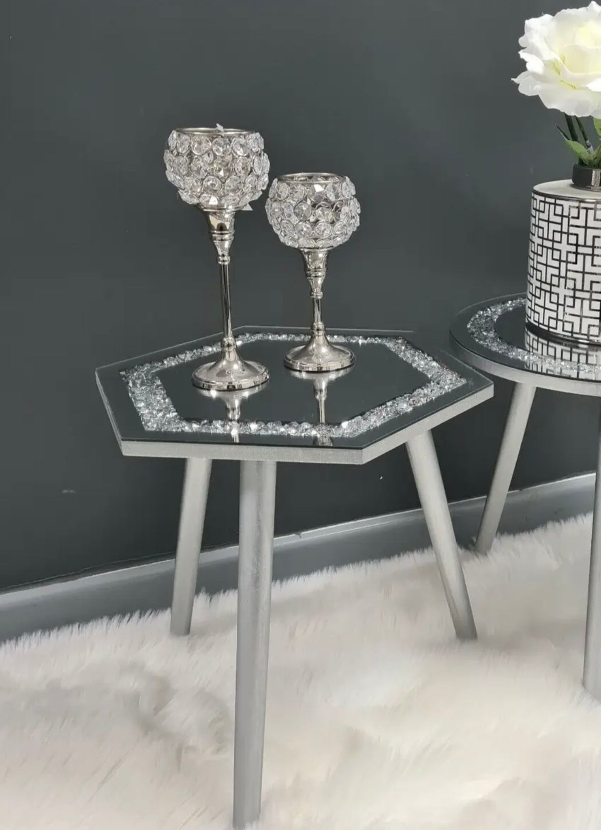 Crushed Diamond Mirrored Hexagon Side Table