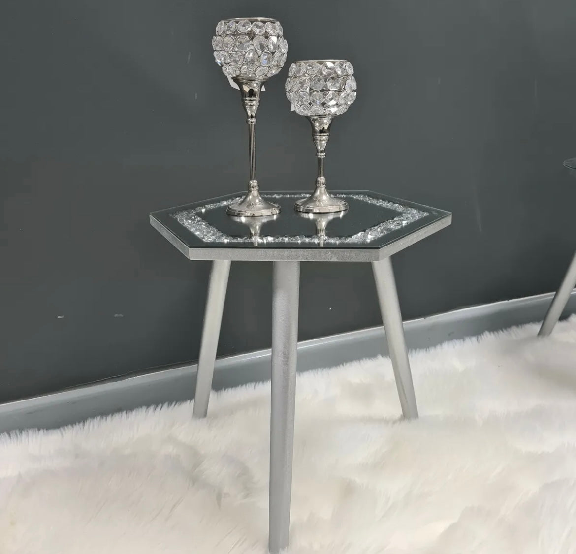 Crushed Diamond Mirrored Hexagon Side Table
