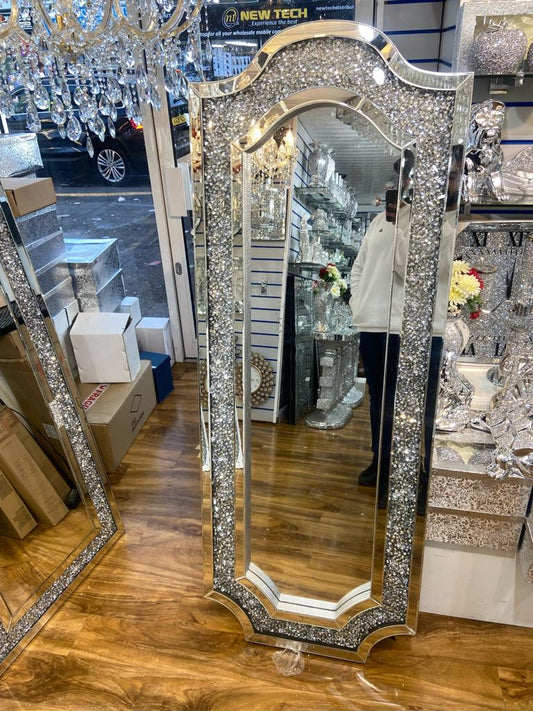 Diamond Crushed Crystal Filled Glass Frame Mirror - Full Length Luxury Home Decor/ WITH/ WITHOUT LED