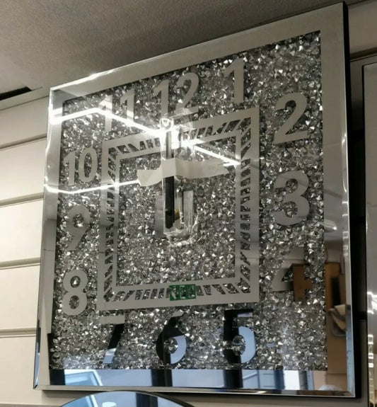 Diamond Crushed Mirrored Glass Square Clock