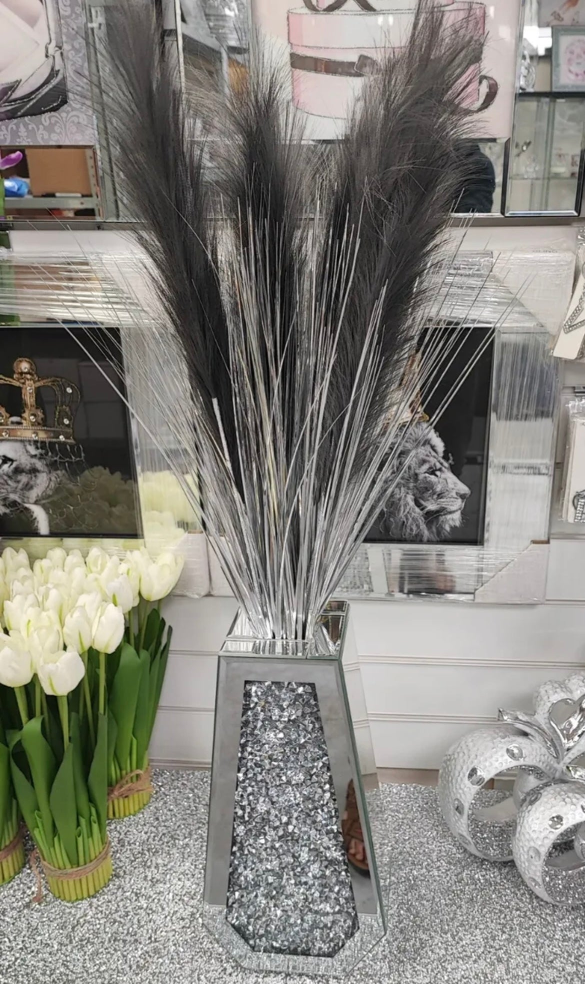 Flower Vase Crystal Mirror Edition FEATHERS & SILVER STEMS