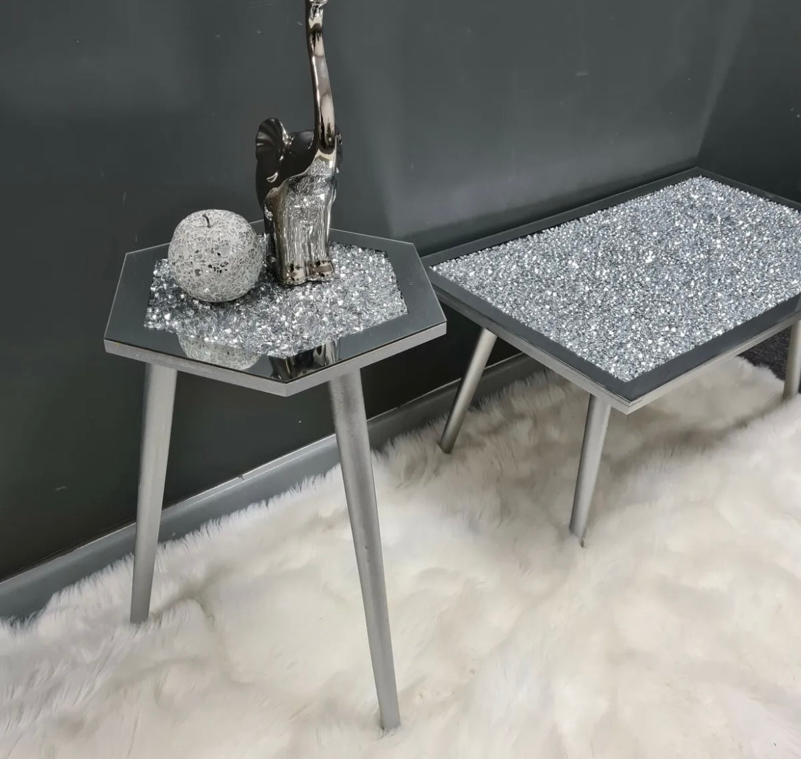 Crushed Diamond Mirrored Hexagon Side Table