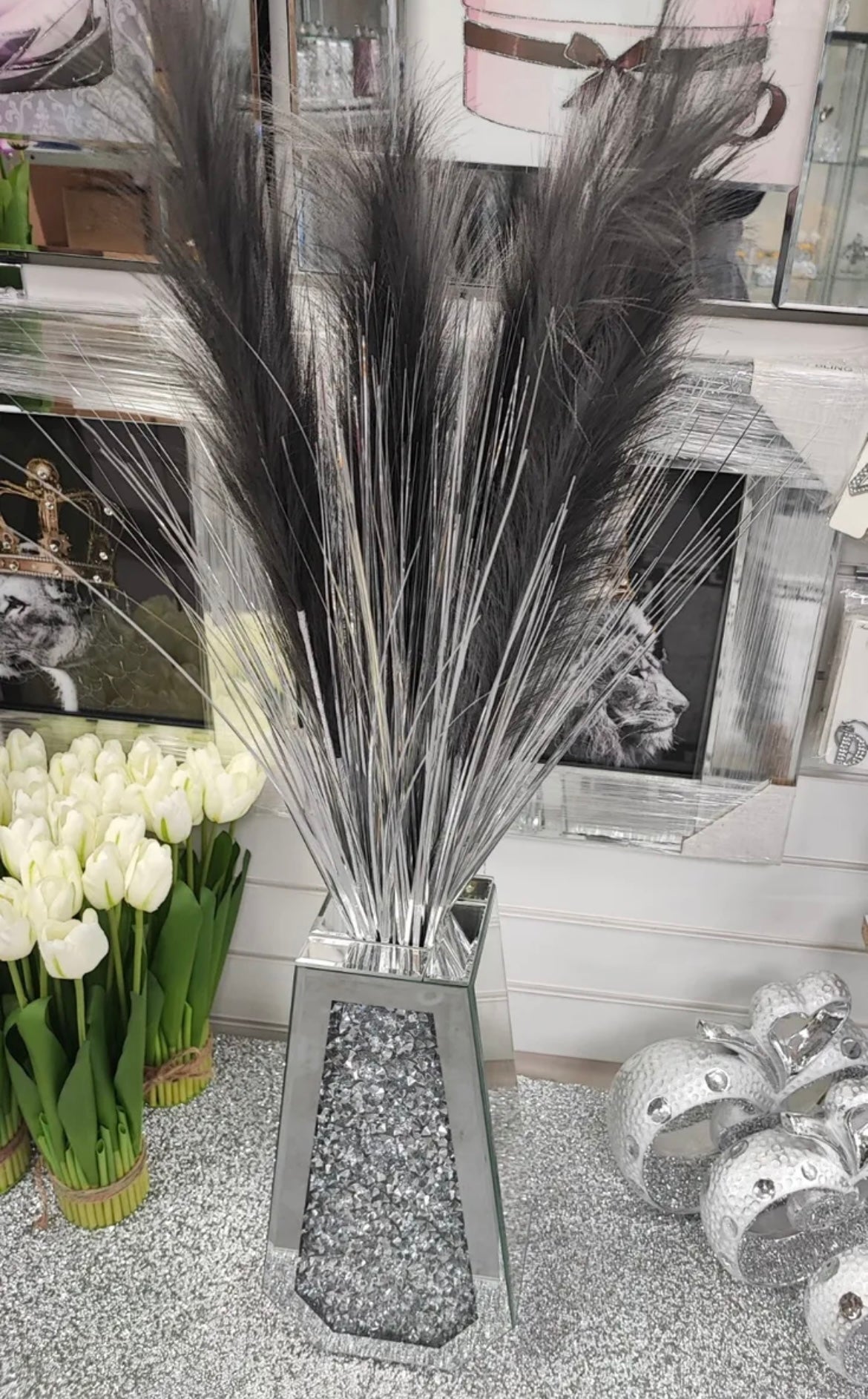 Flower Vase Crystal Mirror Edition FEATHERS & SILVER STEMS