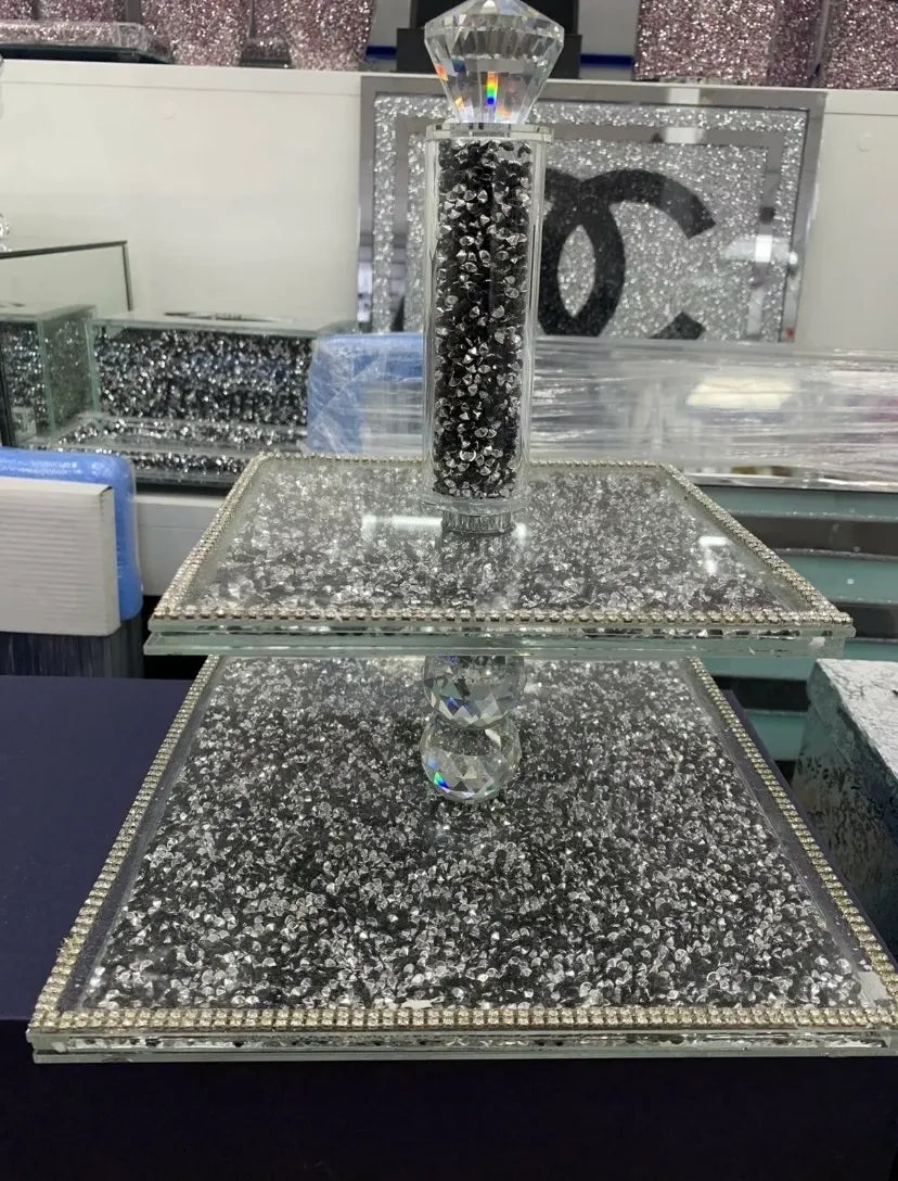 Diamond Crushed Black & Silver Two Tier Cake Stand